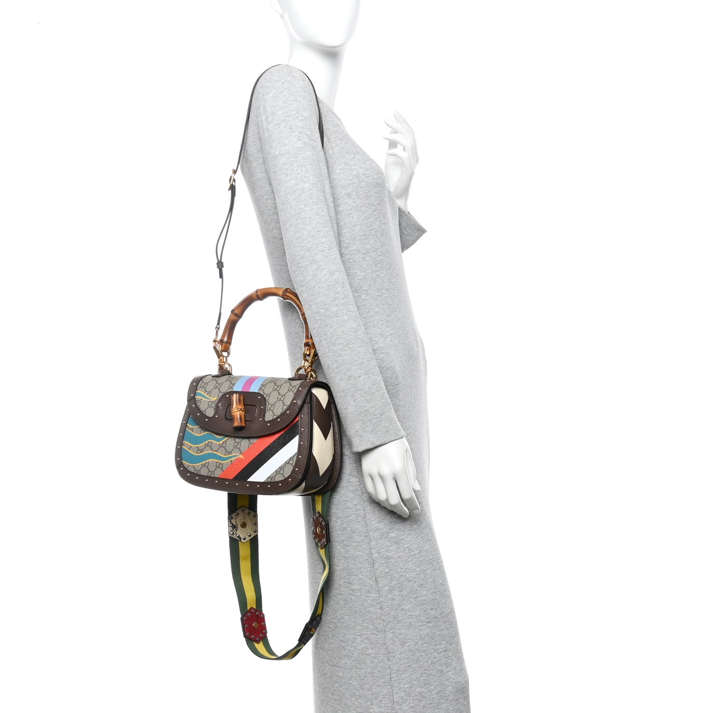 GG Supreme Monogram Studded Calfskin 100 Centennial Geometric Medium Bamboo 1947 Top Handle Bag Beige Ebony Multicolor