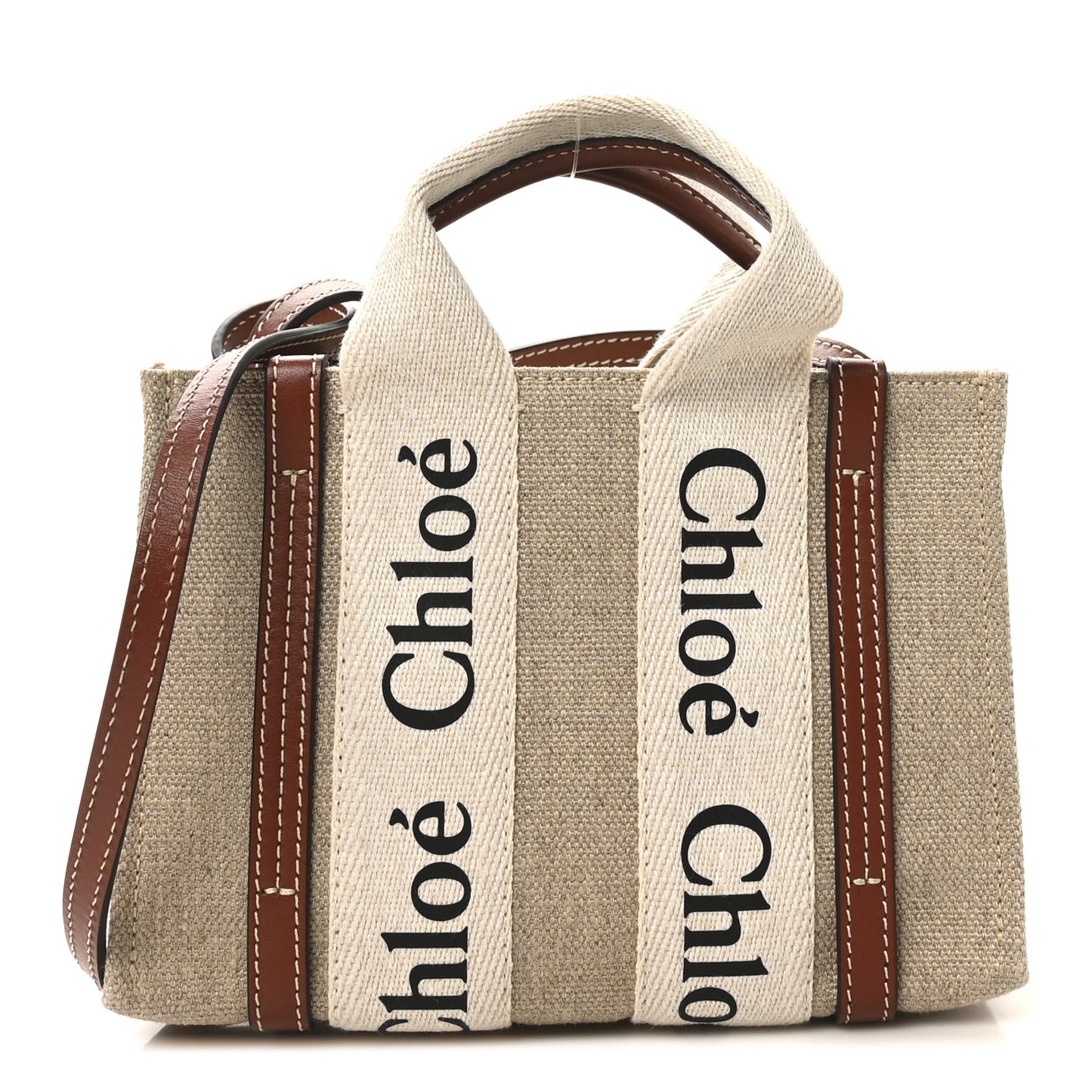 Linen Calfskin Mini Woody Ribbon Tote White Brown