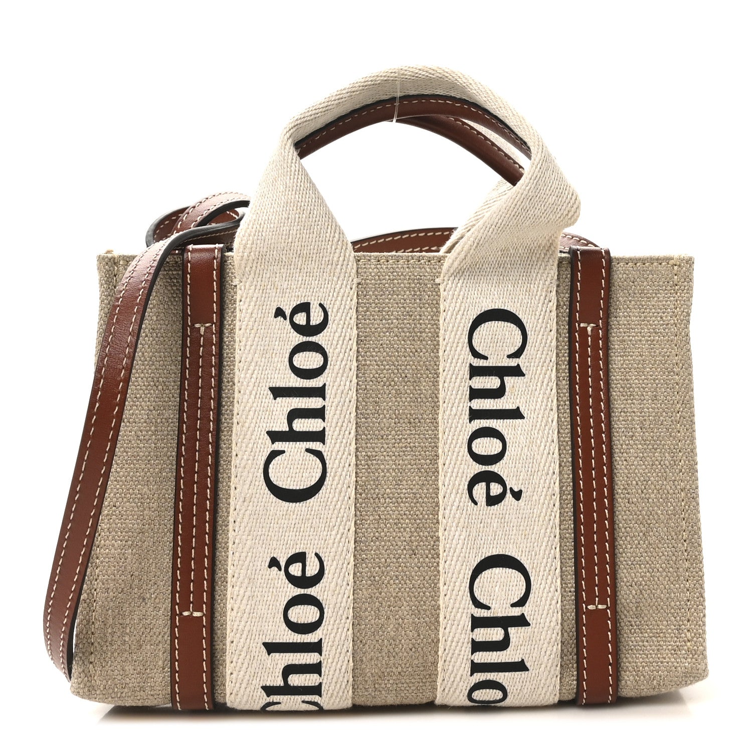 Chloe Linen Calfskin Mini Woody Ribbon Tote White Brown 1 of 9
