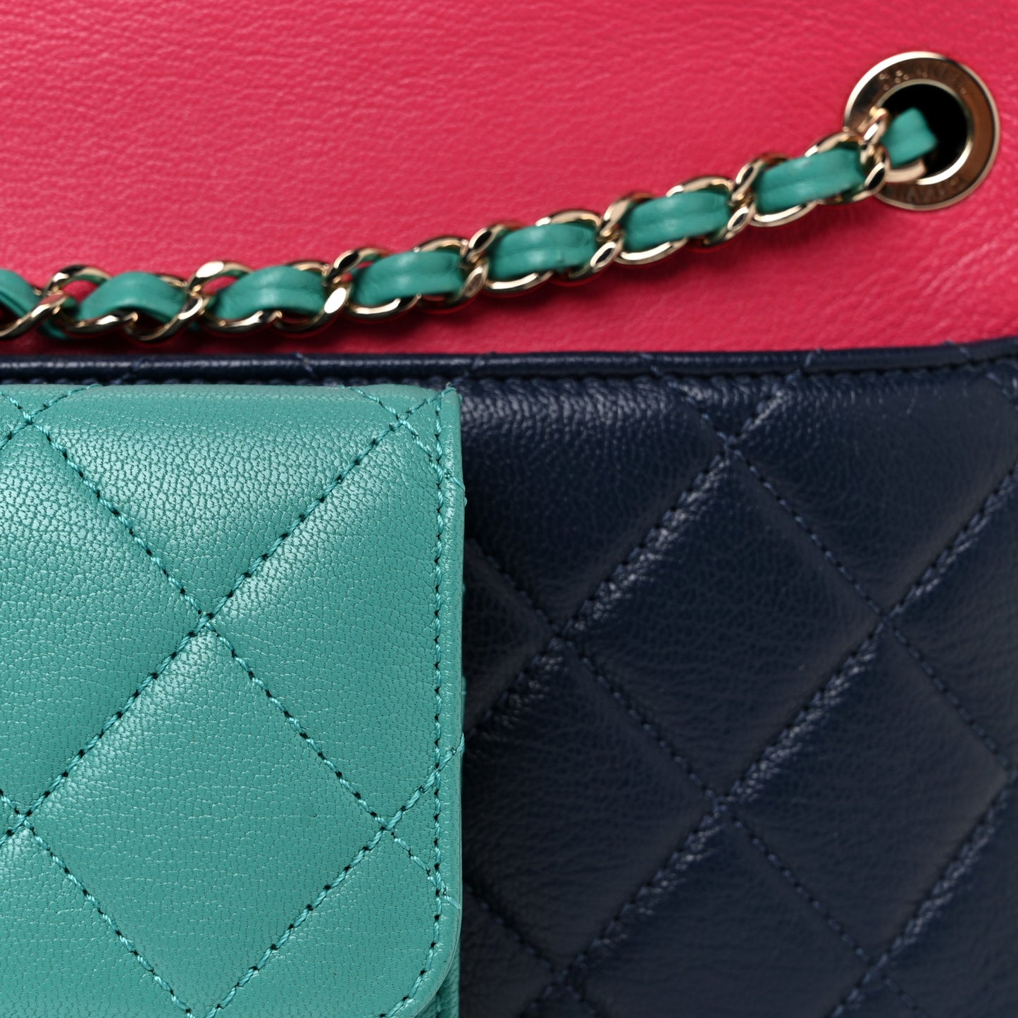 Goatskin Quilted Tri-Color Medium In & Out Camera Case Navy Turquoise Pink