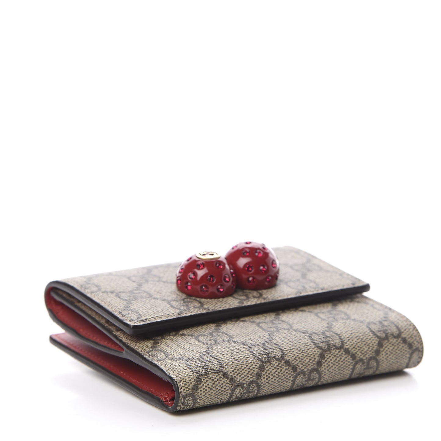 GG Supreme Monogram Cherry Embellished Card Case Wallet Hibiscus Red
