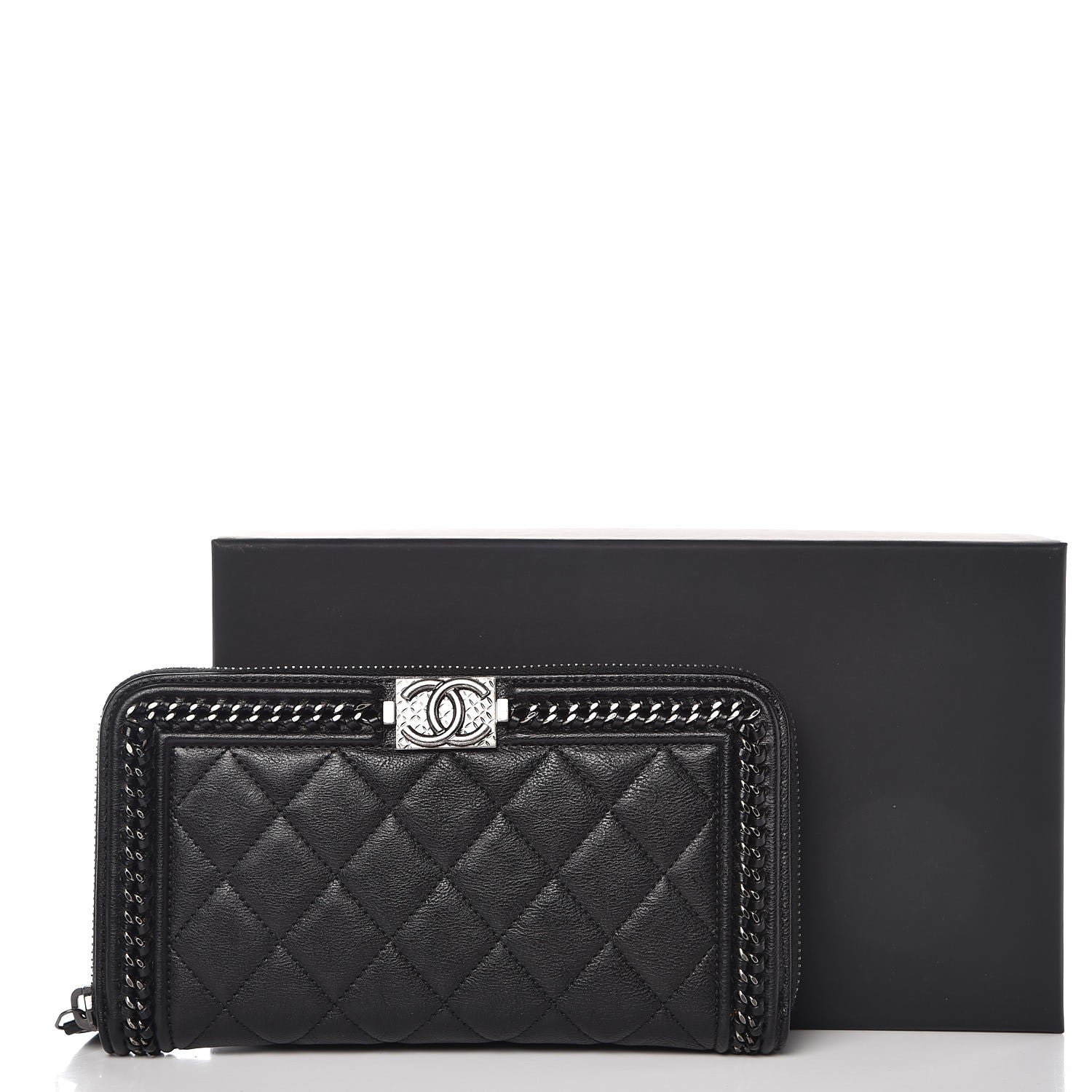 Chanel Calfskin Quilted Boy Chain Large Gusset Zip Around Wallet Black 9 of 9