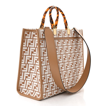 Fendi Woven Fabric Calfskin FF Medium Fendi Sunshine Shopper Tote Natural White Dark Honey 3 of 10