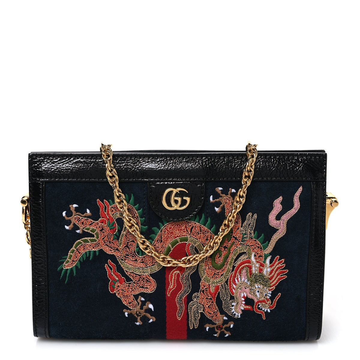 Suede Patent Web Dragon Embroidered Small Ophidia Chain Shoulder Bag Blue Black