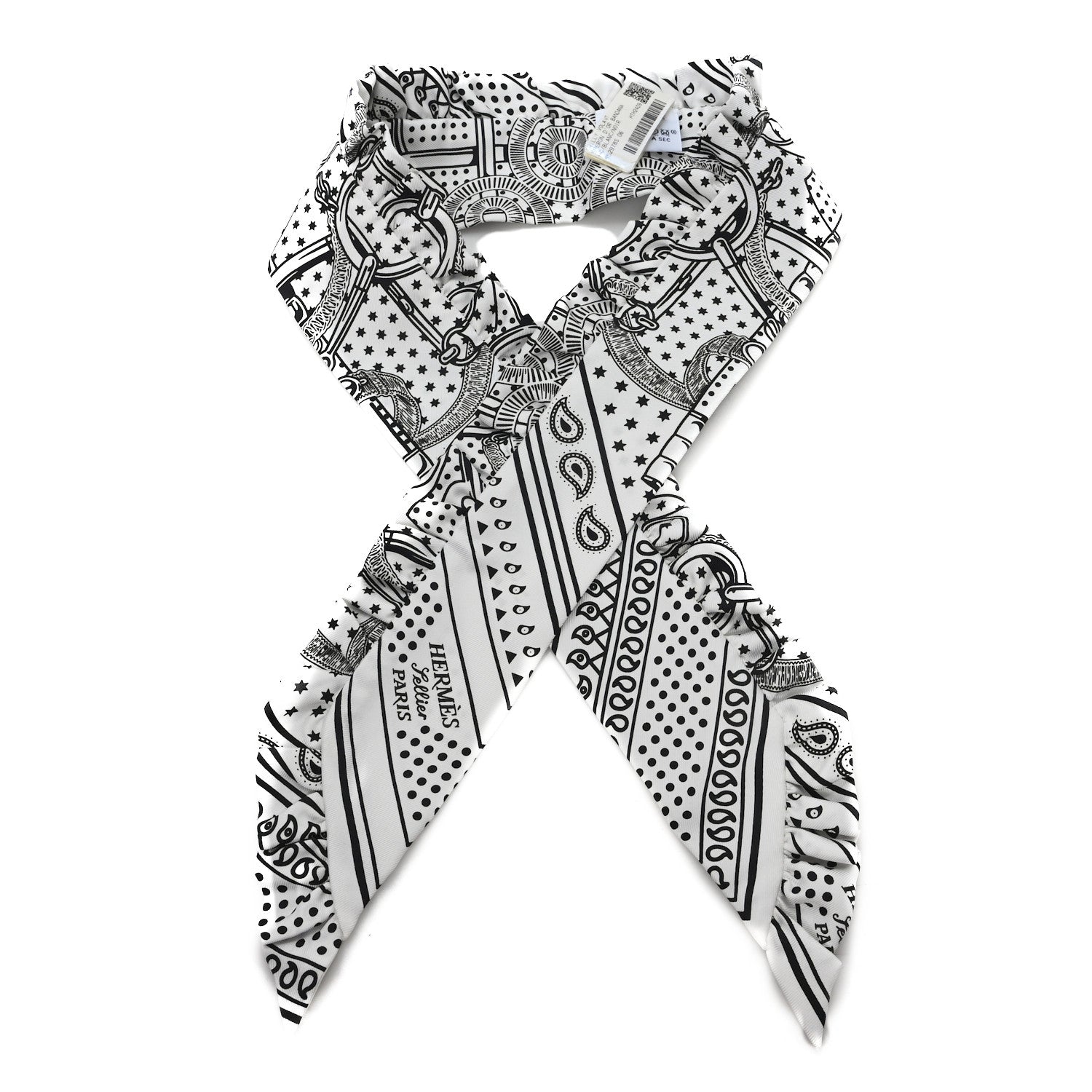 Hermes Silk Eperon d'Or Bandana Ruffle Twilly White Black 1 of 3