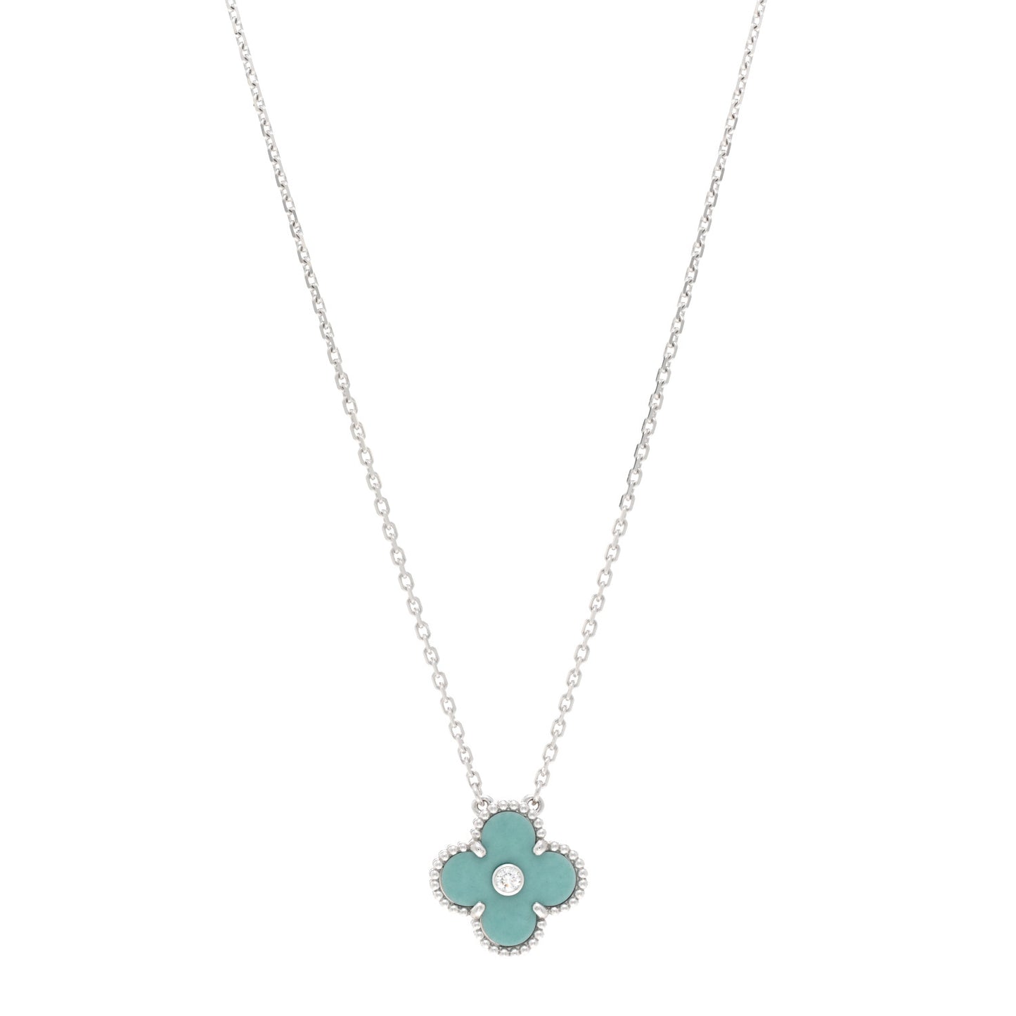 18K White Gold Diamond Celadon Green Sevres Porcelain Vintage Alhambra Pendant Necklace