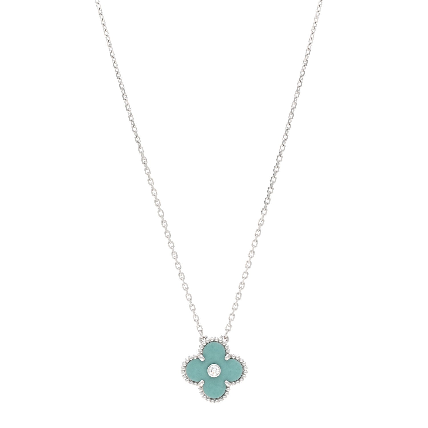 Van Cleef & Arpels 18K White Gold Diamond Celadon Green Sevres Porcelain Vintage Alhambra Pendant Necklace 1 of 6