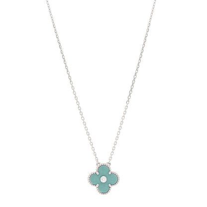 Van Cleef & Arpels 18K White Gold Diamond Celadon Green Sevres Porcelain Vintage Alhambra Pendant Necklace 1 of 6
