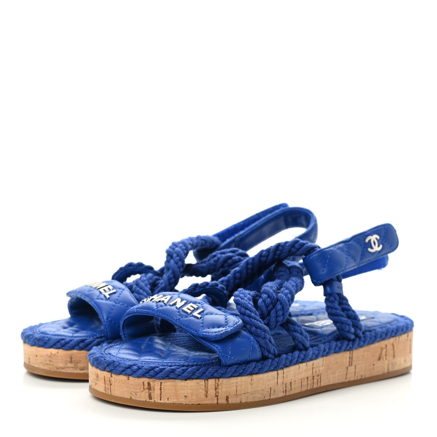 Chanel Cord Lambskin Quilted Logo Sandals 37 Blue 3 of 9
