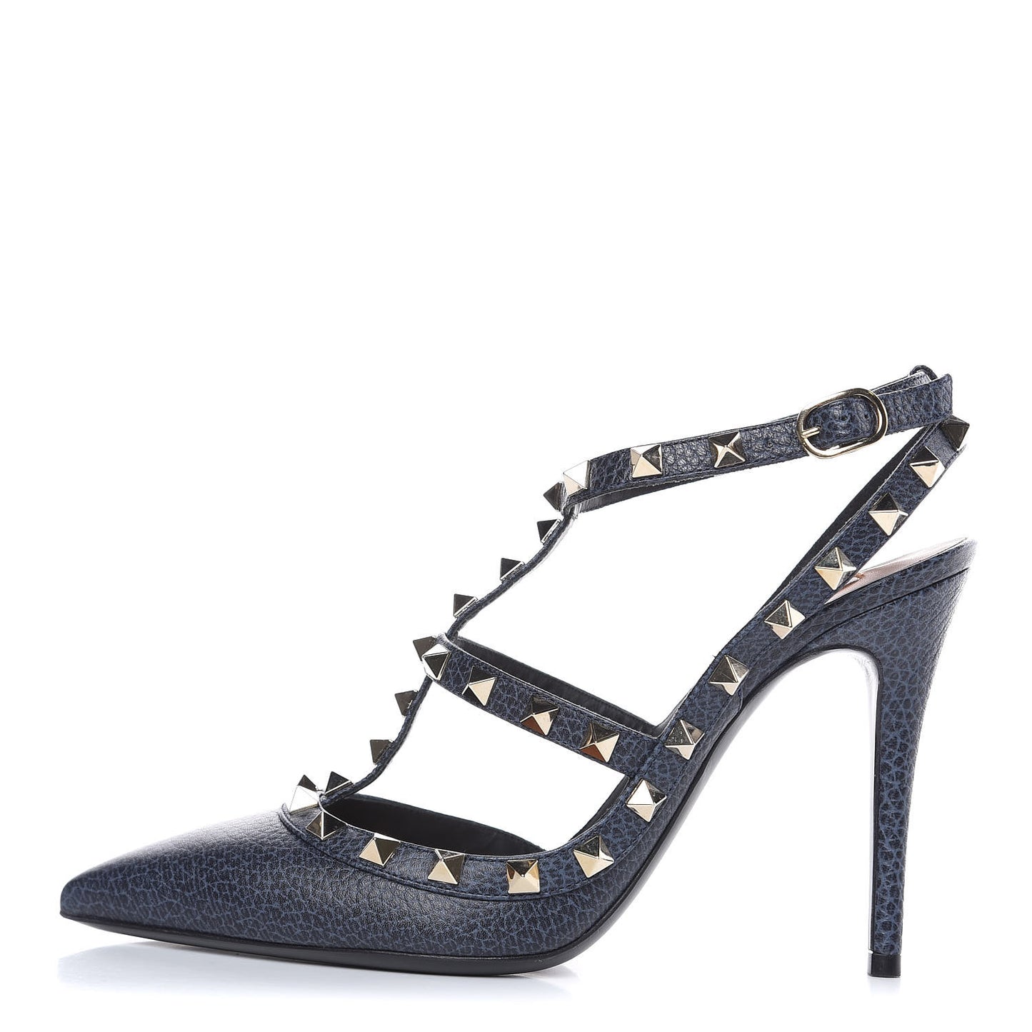 Pebbled Calfskin Rockstud Ankle Strap 100mm Pumps 37.5 Deep Denim