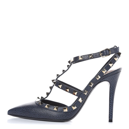Valentino Garavani Pebbled Calfskin Rockstud Ankle Strap 100mm Pumps 37.5 Deep Denim 1 of 10