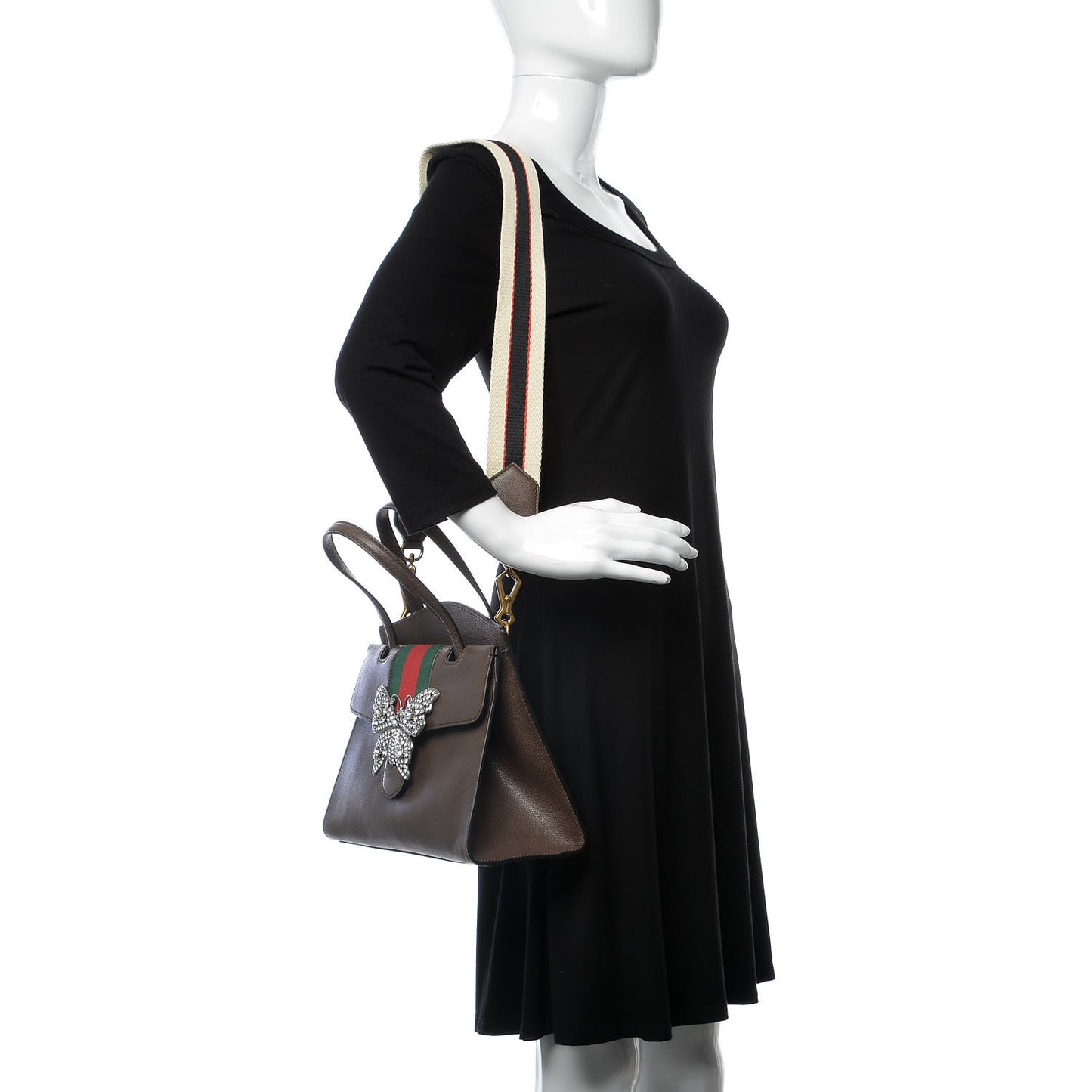 Textured Calfskin Web Crystal Butterfly Stripe Medium Totem Top Handle Bag New Acero