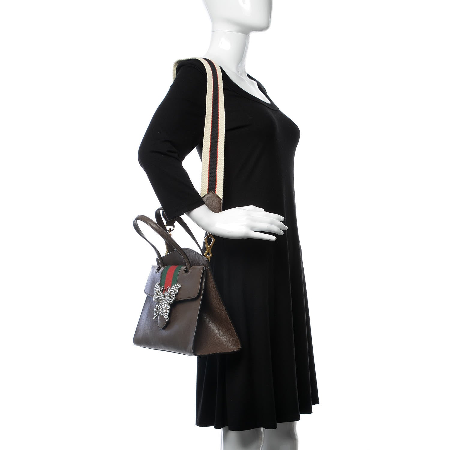 Gucci Textured Calfskin Web Crystal Butterfly Stripe Medium Totem Top Handle Bag New Acero 3 of 9