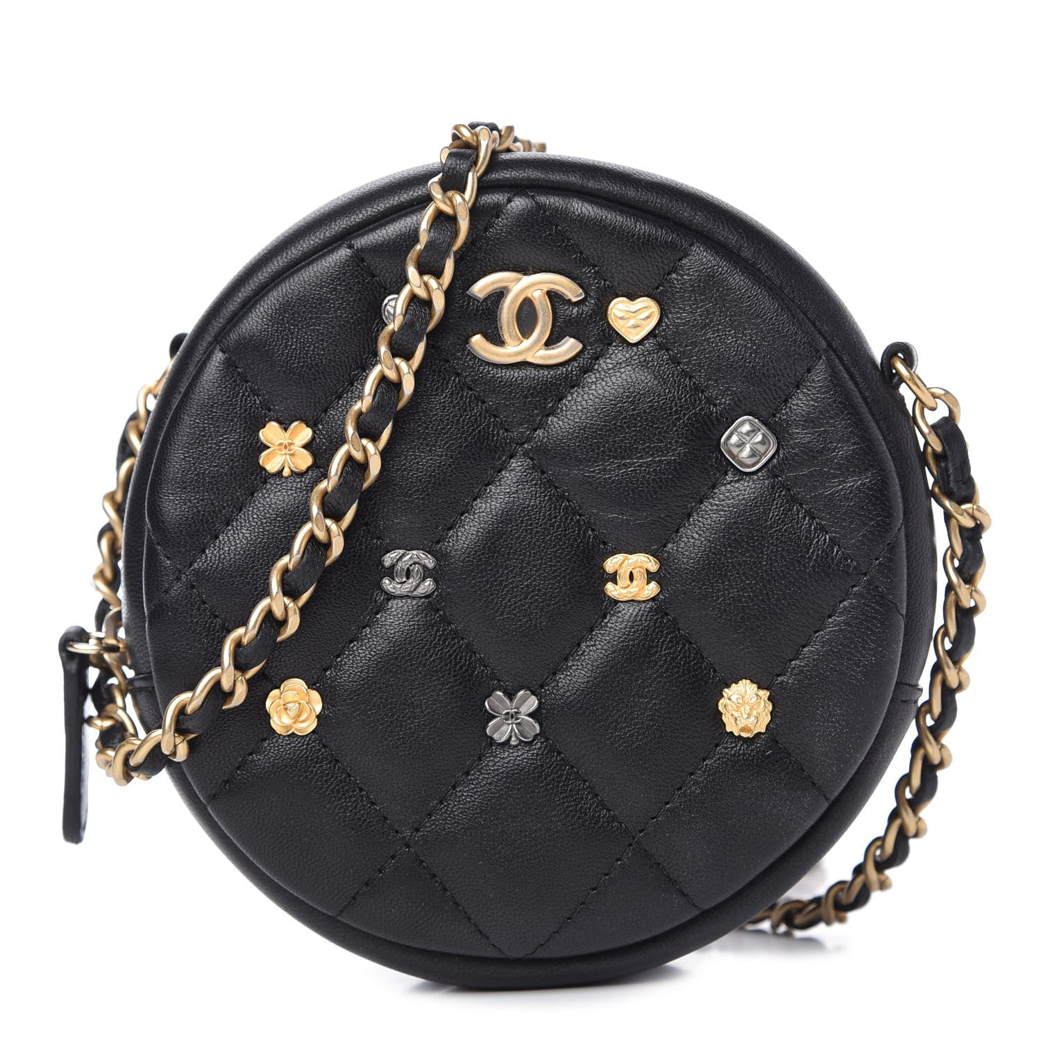 Chanel Lambskin Quilted Studded Round Clutch With Chain Black 1 of 10