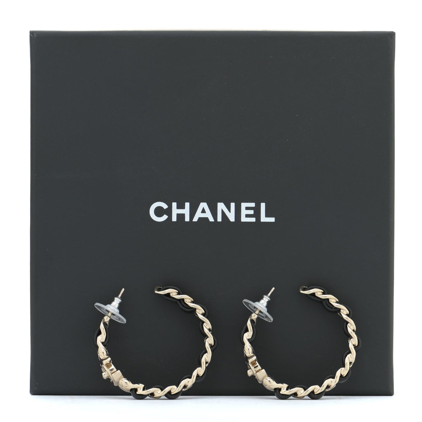 Lambskin CC Turnlock Chain Hoop Earrings Gold Black