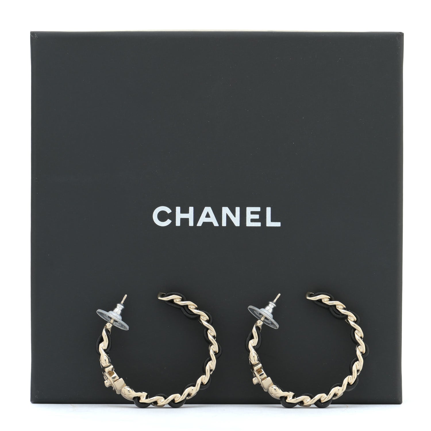 Chanel Lambskin CC Turnlock Chain Hoop Earrings Gold Black 5 of 5