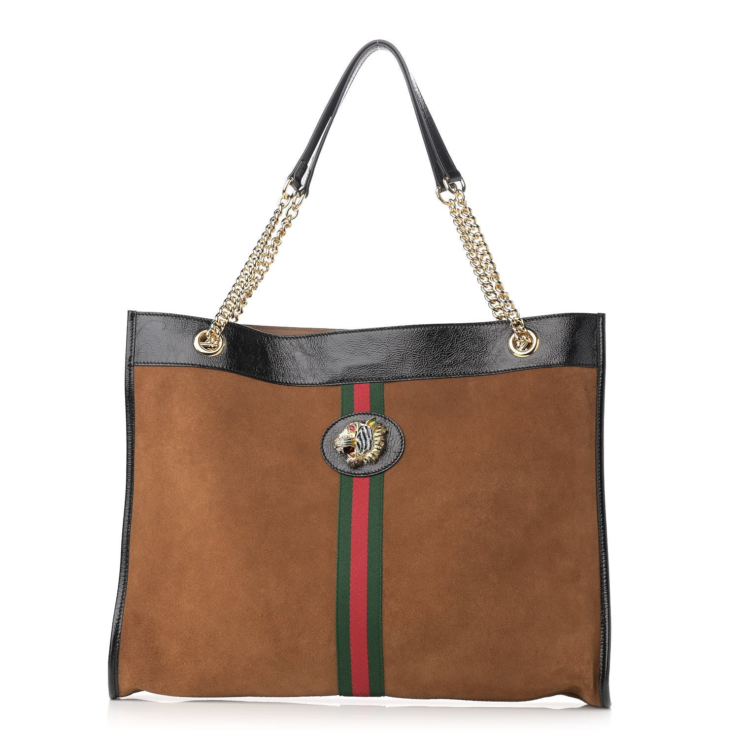 Gucci Suede Patent Large Rajah Chain Tote Nocciola Black 3 of 10