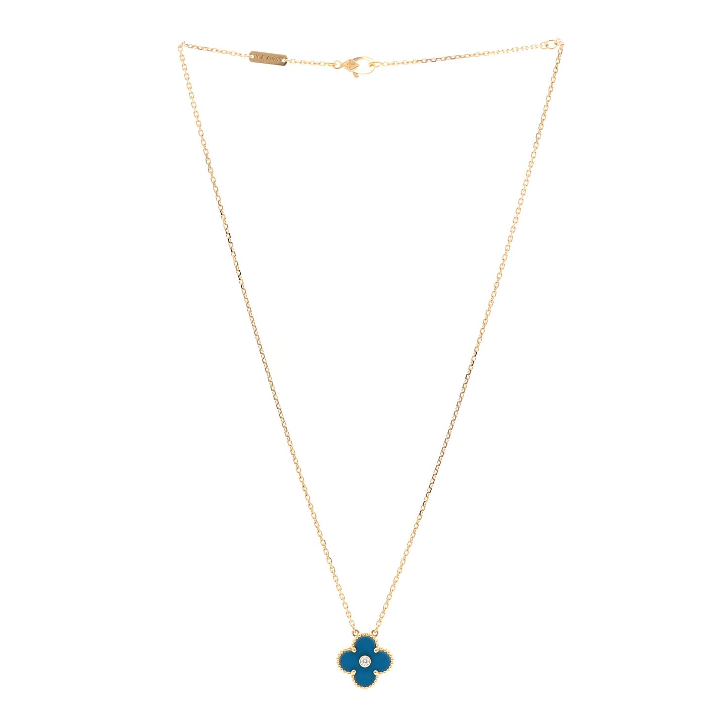 18K Yellow Gold Diamond Celestial Blue Sevres Porcelain Vintage Alhambra Pendant Necklace