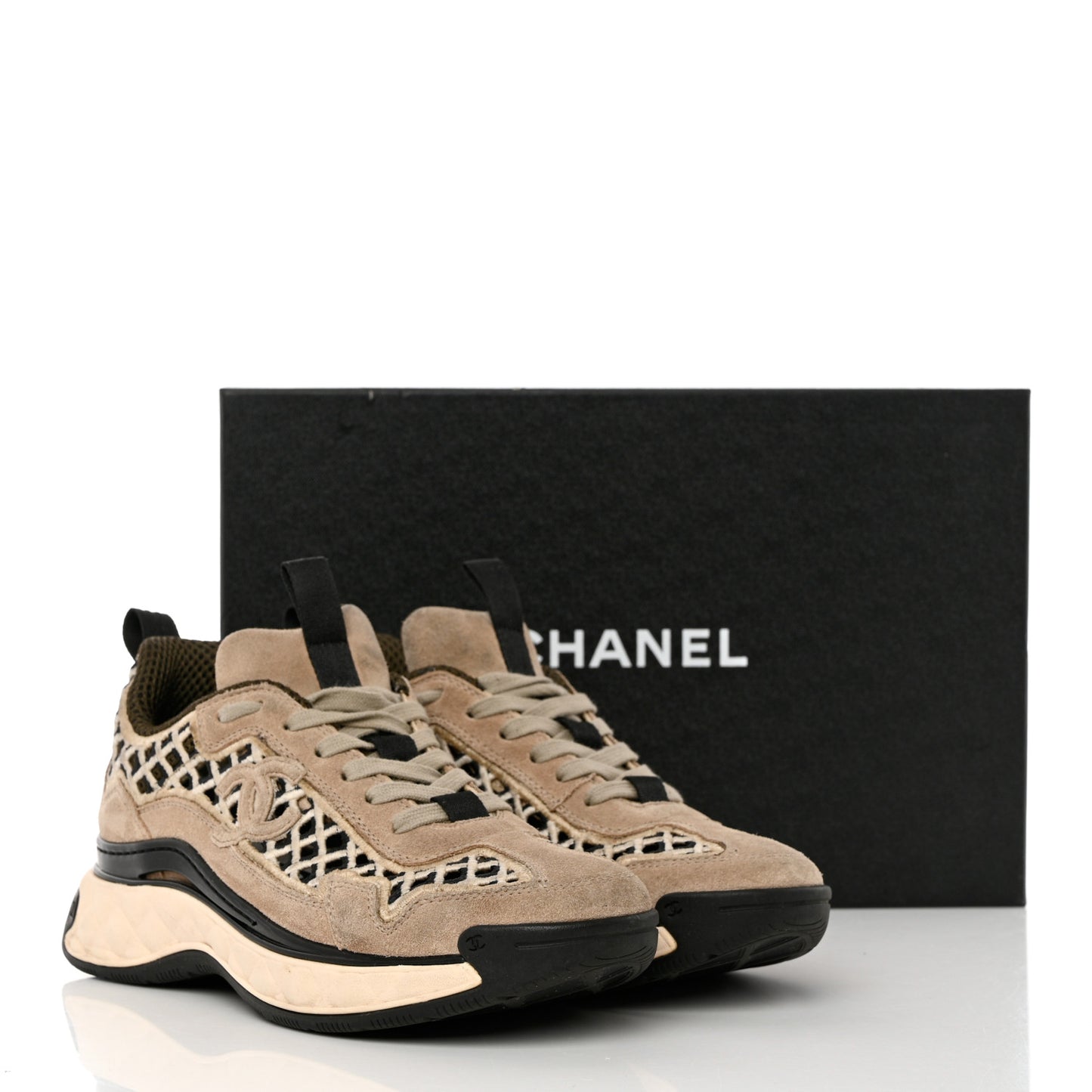 Suede Calfskin Embroidered CC Sneakers 36 Beige Black