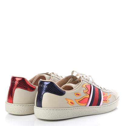 Gucci Calfskin Ayers Web Flames Embroidered Mens Ace Sneakers 10 Off White 4 of 8
