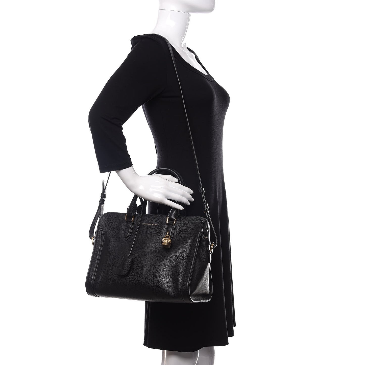 Pebbled Calfskin Small Skull Padlock Zip Around Tote Black