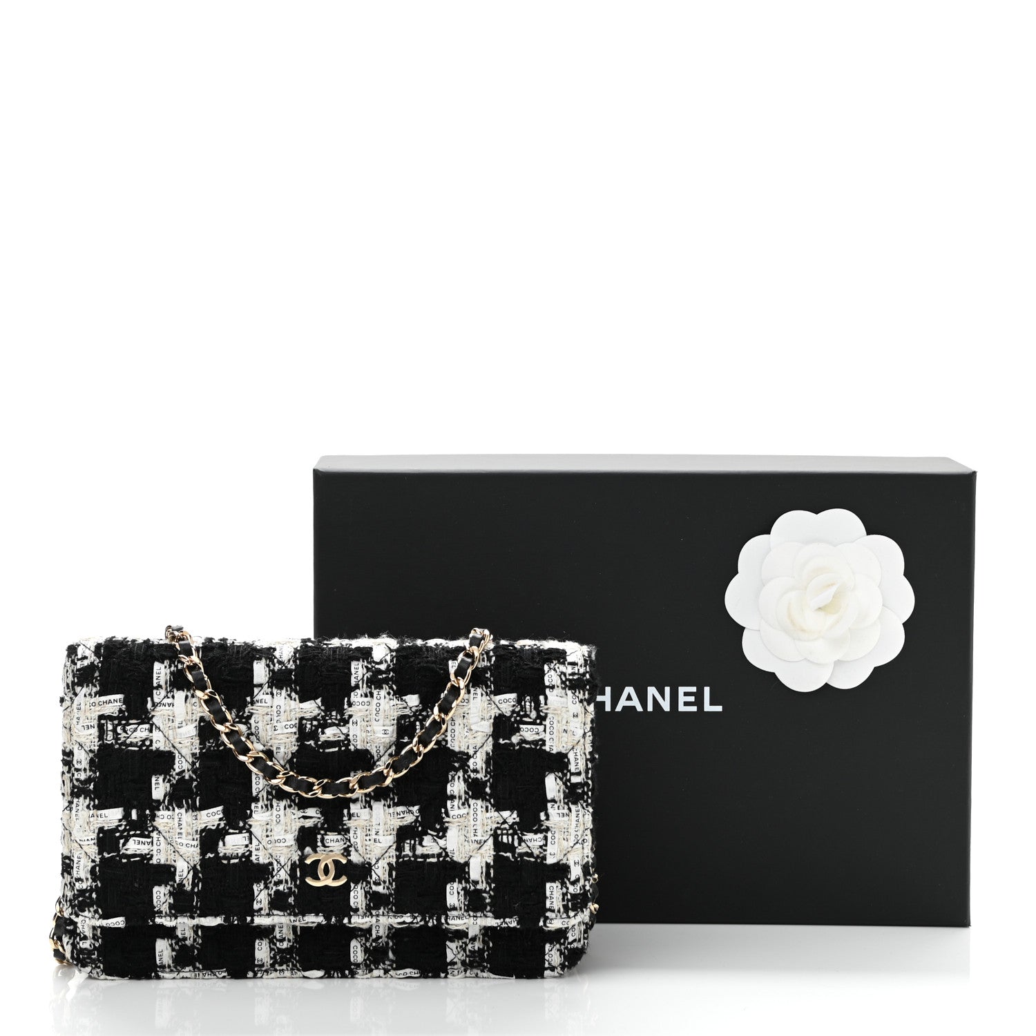 Chanel Tweed Quilted Wallet On Chain WOC Black Ecru White 12 of 12
