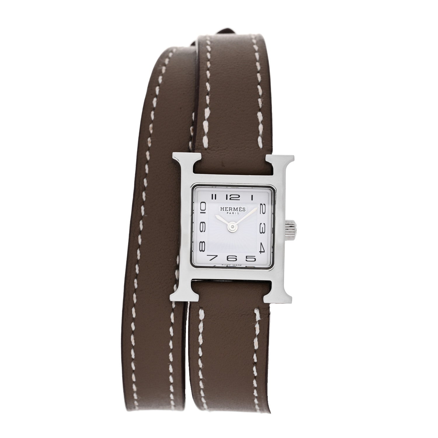 Hermes Stainless Steel Swift 17.2mm Heure H Hour Double Tour Quartz Watch Etoupe 1 of 4