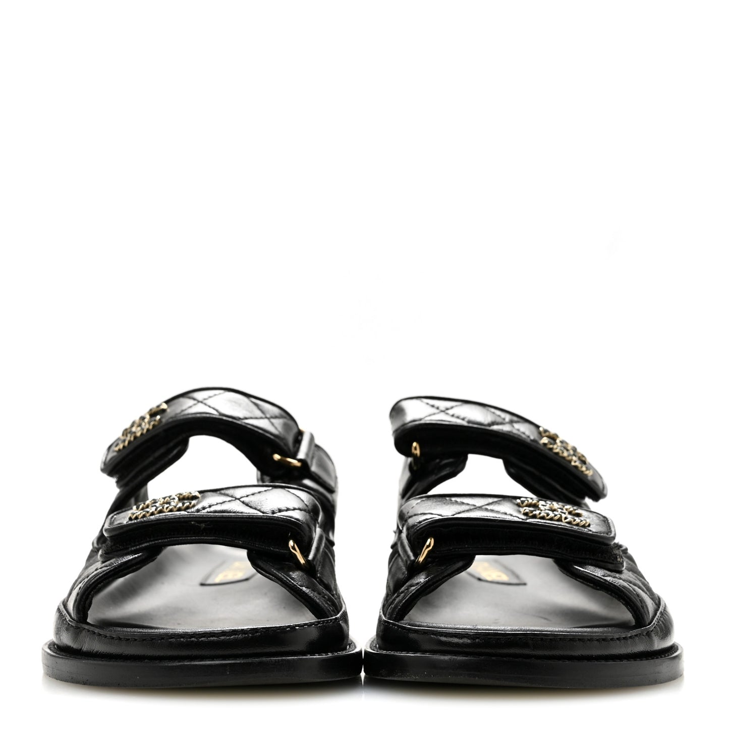 Lambskin Quilted Velcro Dad Chain CC Slide Sandals 36 Black