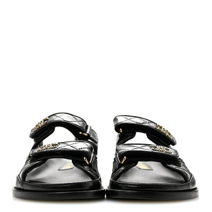 Chanel Lambskin Quilted Velcro Dad Chain CC Slide Sandals 36 Black 3 of 10