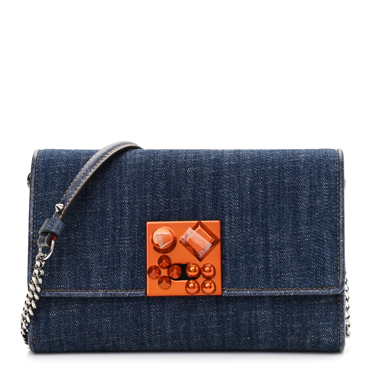 Denim Calfskin Studded Flap Carasky Clutch Blue