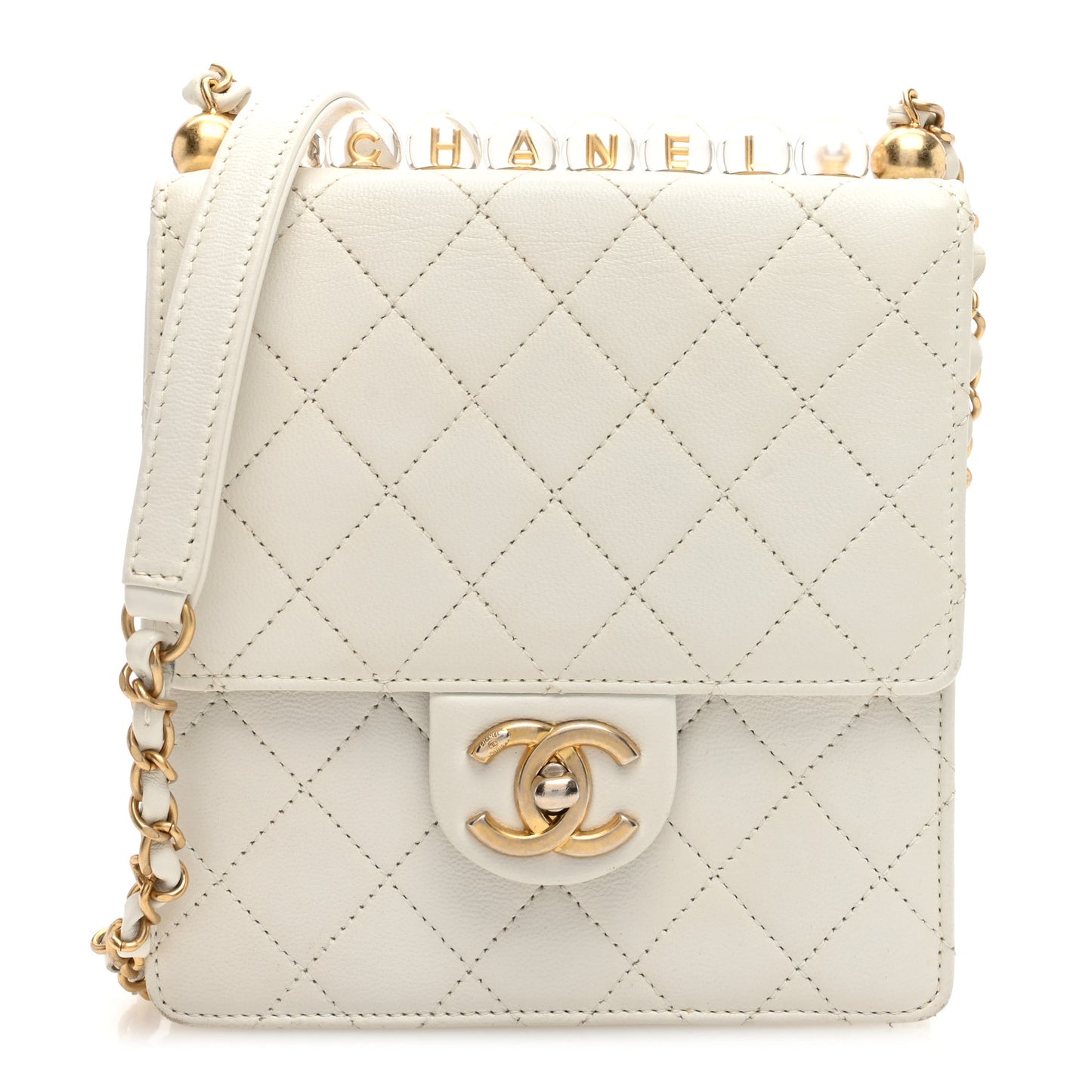 Lambskin Quilted Chic Pearls Flap White