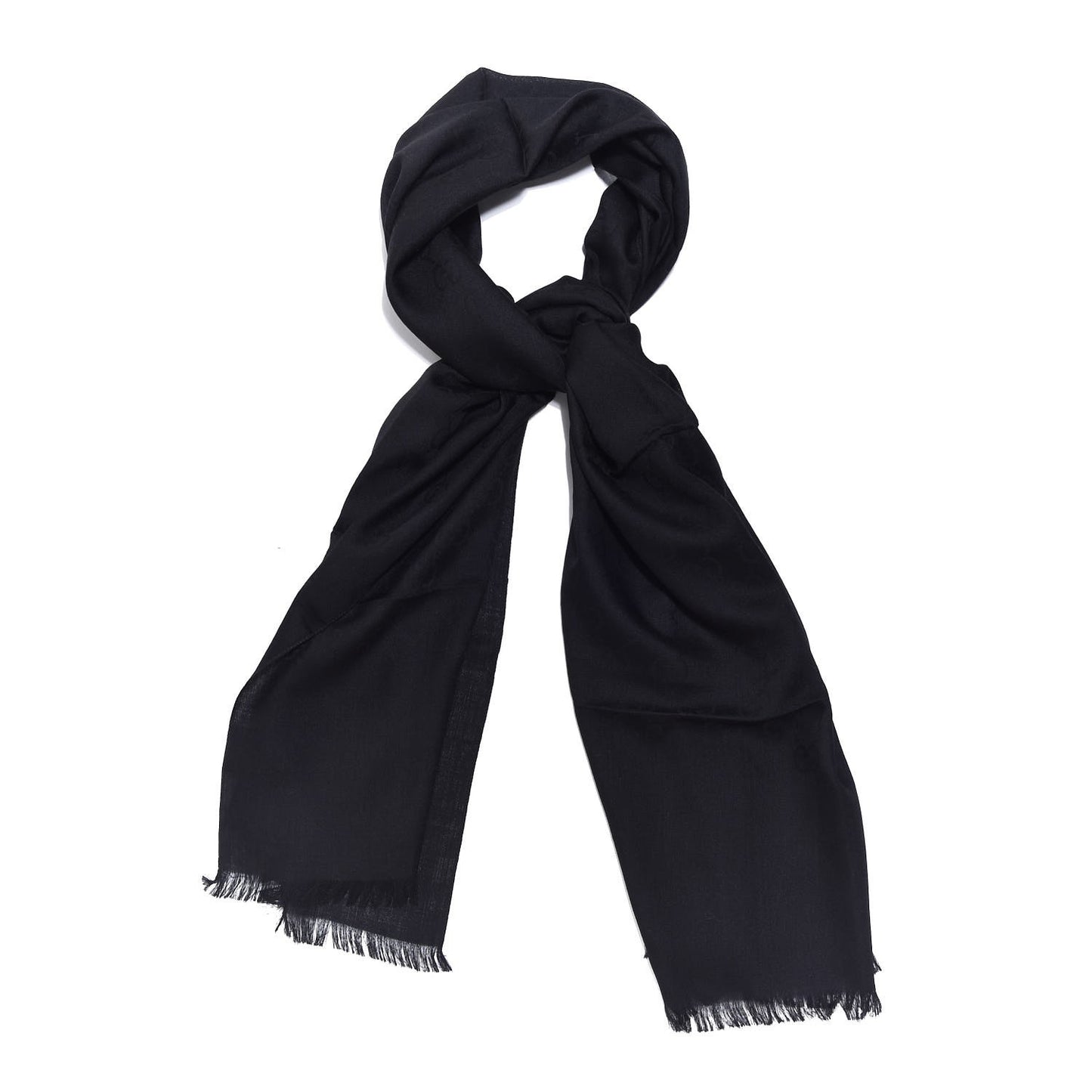 Silk Wool Monogram Fringe Scarf Black