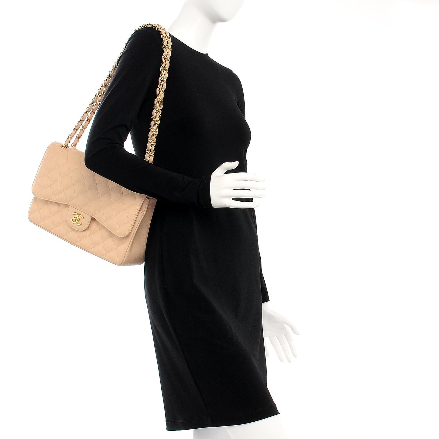 Caviar Quilted Jumbo Double Flap Beige Clair