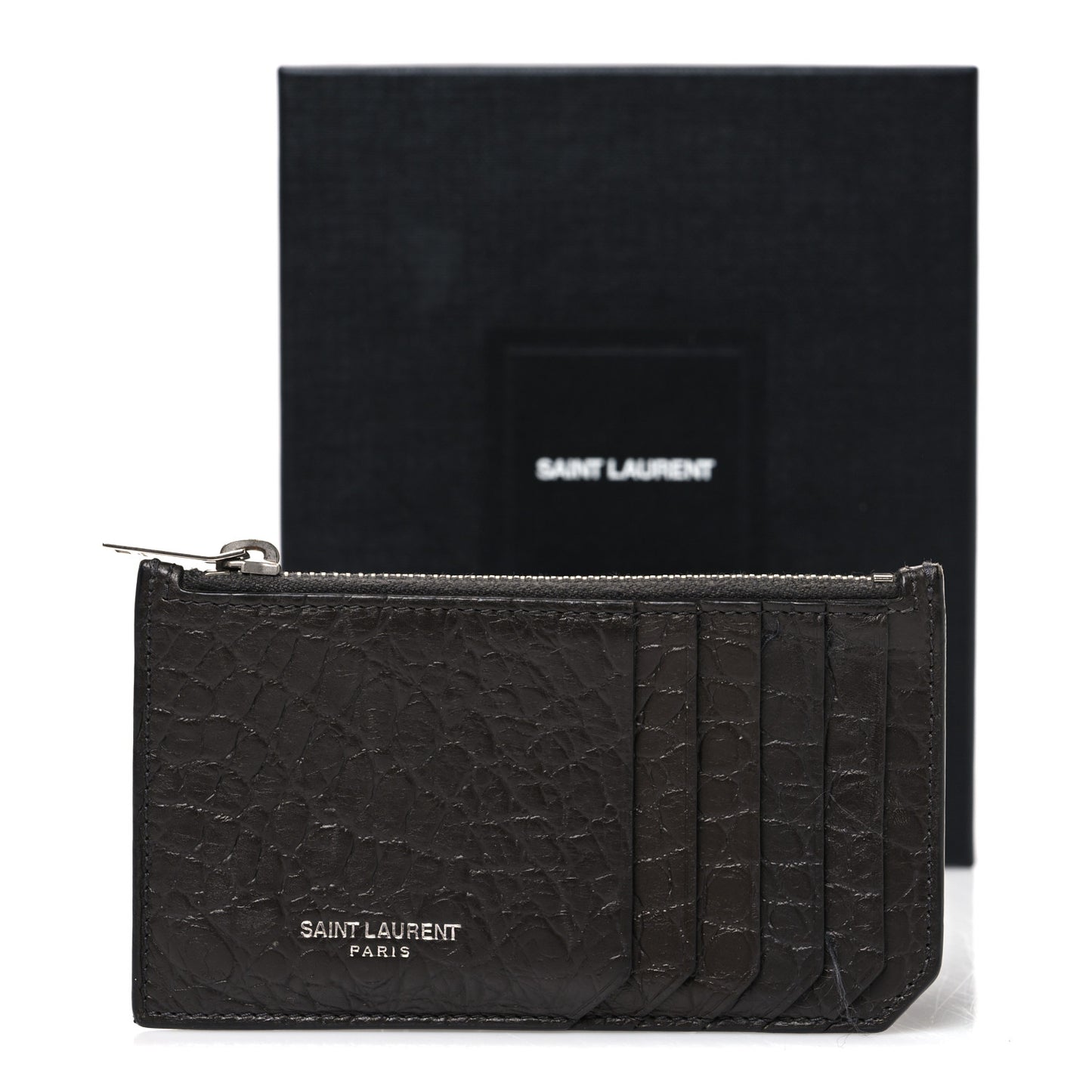 Calfskin Crocodile Embossed 5 Fragments Zip Pouch Card Holder Coal