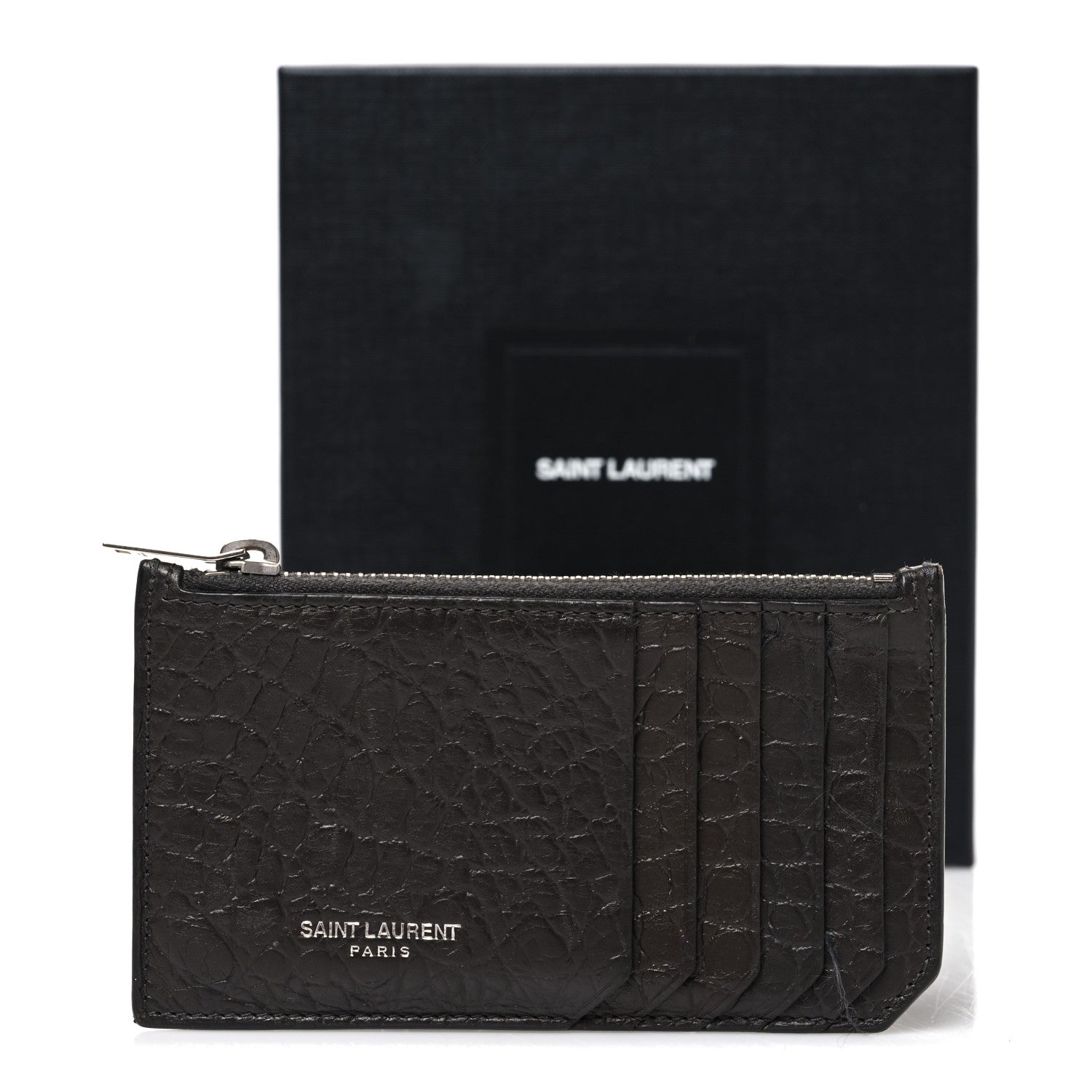 Saint Laurent Calfskin Crocodile Embossed 5 Fragments Zip Pouch Card Holder Coal 9 of 9