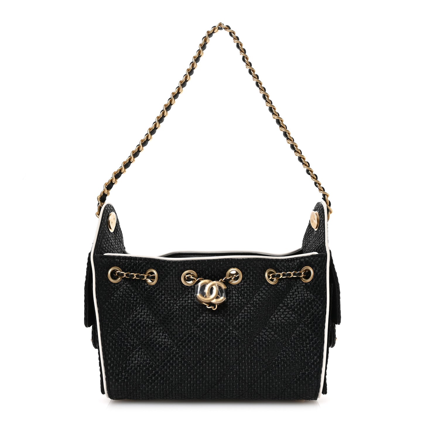 Braided Raffia Calfskin Quilted Mini Chanel 25 Handbag Black White