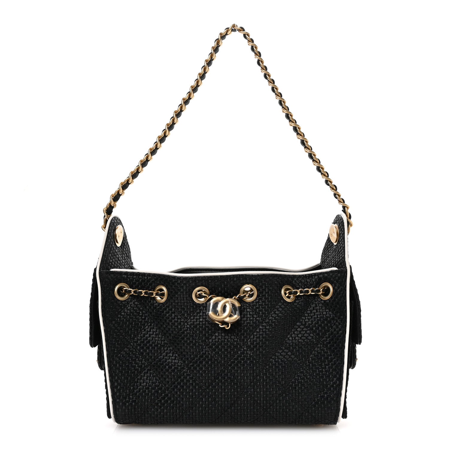 Chanel Braided Raffia Calfskin Quilted Mini Chanel 25 Handbag Black White 1 of 11