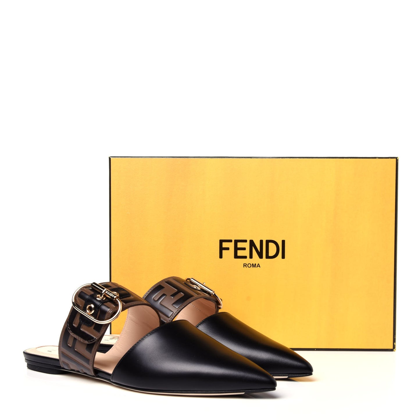Vitello FF Embossed Buckle Flat Mules 37.5 Maya Black
