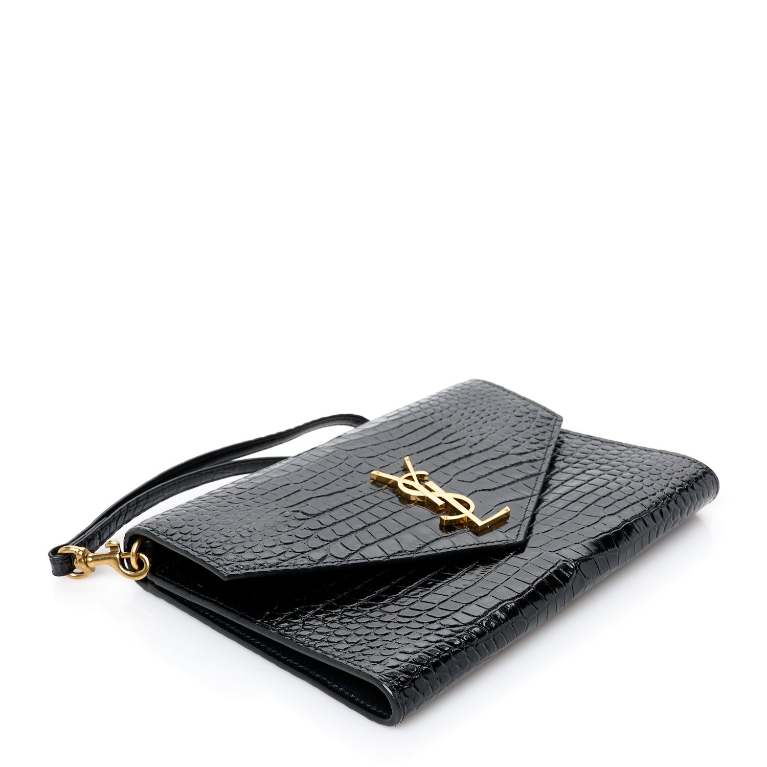 Saint Laurent Calfskin Crocodile Embossed Monogram Cassandre Flap Pouch Black 4 of 8