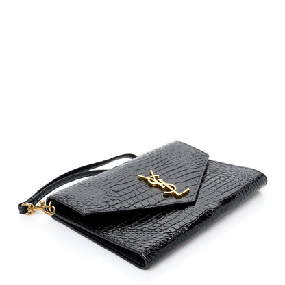 Saint Laurent Calfskin Crocodile Embossed Monogram Cassandre Flap Pouch Black 4 of 8