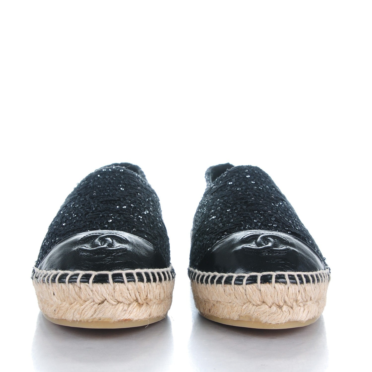 Chanel Tweed Patent Goatskin Sequin CC Espadrilles 37 Black 2 of 9
