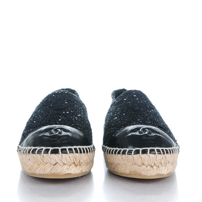 Chanel Tweed Patent Goatskin Sequin CC Espadrilles 37 Black 2 of 9