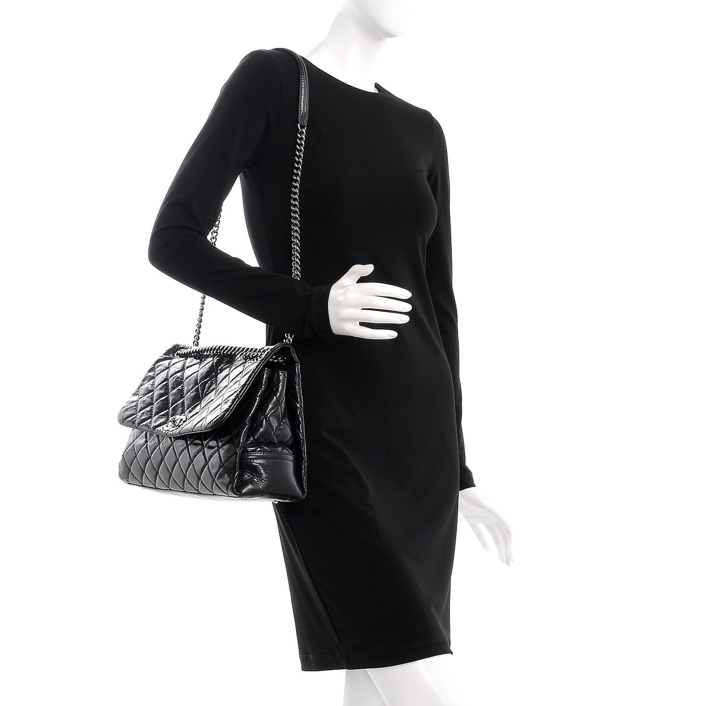 Glazed Calfskin Quilted Large Lady Pearly Flap Black