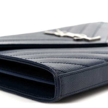 Saint Laurent Grain De Poudre Matelasse Chevron Monogram Chain Wallet Deep Marine 8 of 9