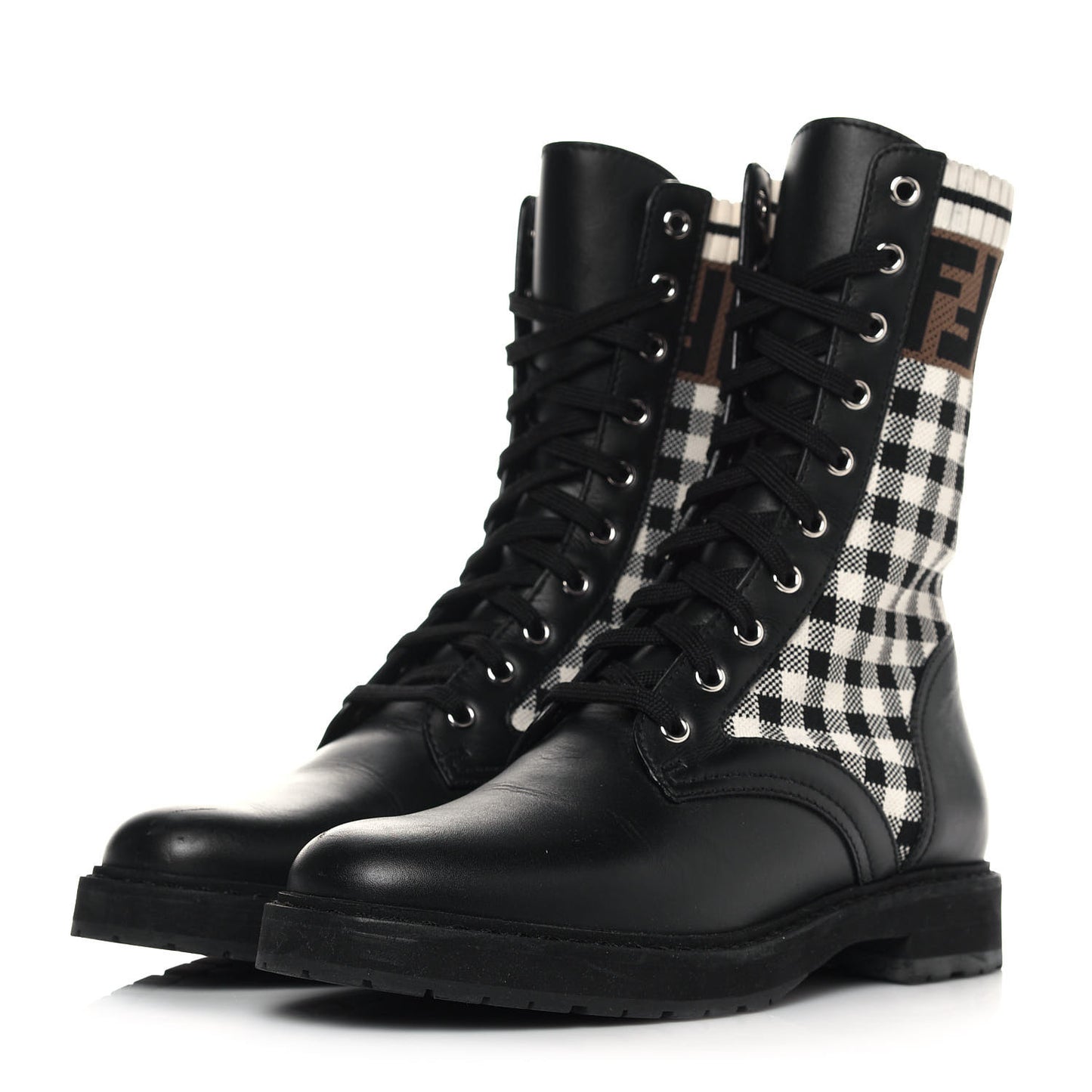 Vitello Stretch Fabric FF Vichy Rockoko Biker Boots 38.5 Black Crema Tobacco