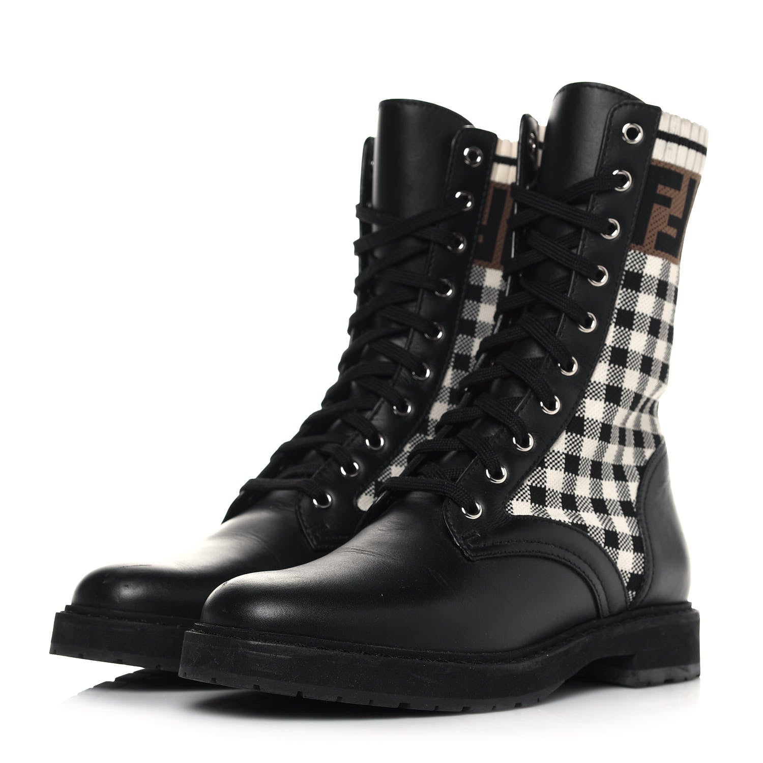 Fendi Vitello Stretch Fabric FF Vichy Rockoko Biker Boots 38.5 Black Crema Tobacco 3 of 9