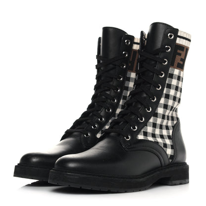 Fendi Vitello Stretch Fabric FF Vichy Rockoko Biker Boots 38.5 Black Crema Tobacco 3 of 9