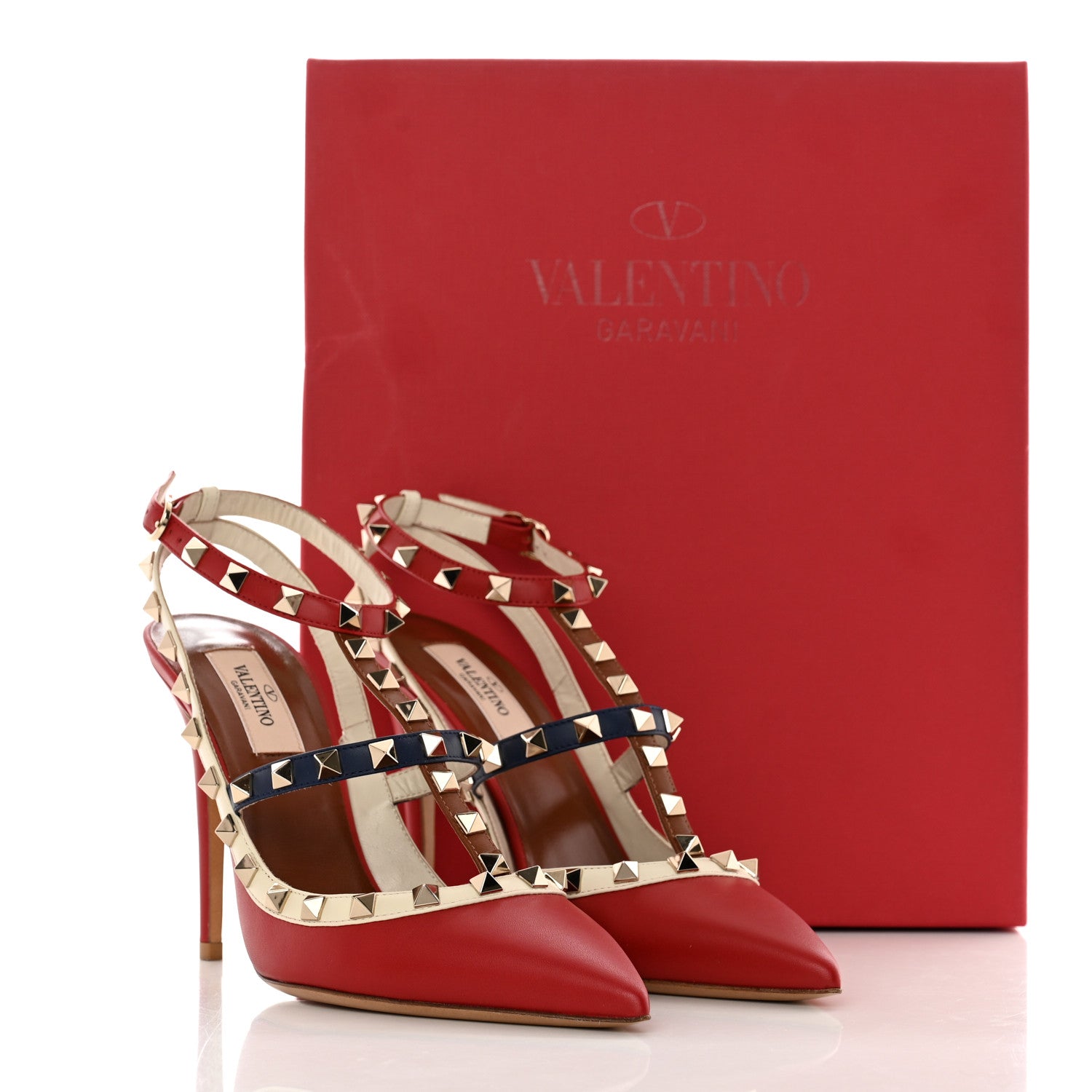 Valentino Garavani Calfskin Rockstud Ankle Strap 100mm Pumps 39 Rosso Valentino Ivory Pure Blue 9 of 9