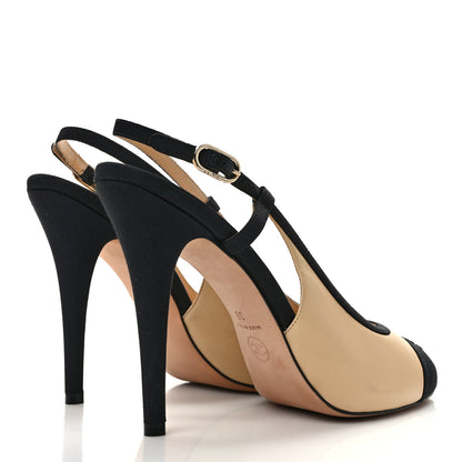 Chanel Lambskin Grosgrain Cap Toe CC Slingback Pumps 39 Beige Black 4 of 9