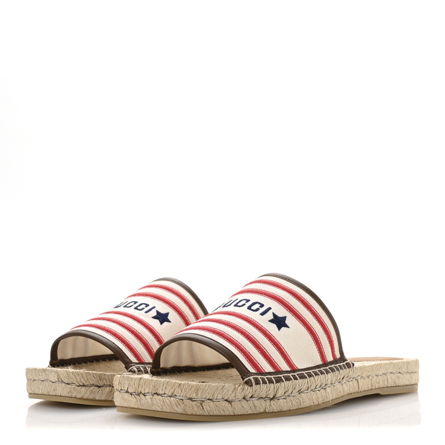 Gucci Canvas Miro Soft Calfskin Striped Mens Espadrille Flat Slide Sandals 10 Greggio Brown Sugar 4 of 9